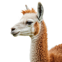 Fototapeta premium Llama Portrait: Close-up profile of a fluffy llama with a soft, light brown coat, displaying its gentle expression against a plain background.