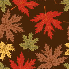 maple leaves and pod colorful autumn seamless pattern. Forest fall plant texture
