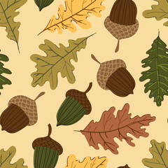 oak leaves and acorns colorful autumn seamless pattern. Forest fall botanical texture tor textile