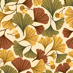 Ginkgo biloba leaves, branch, pod seamless pattern. Cosmetics ayurvedic herb ginkgo plant texture