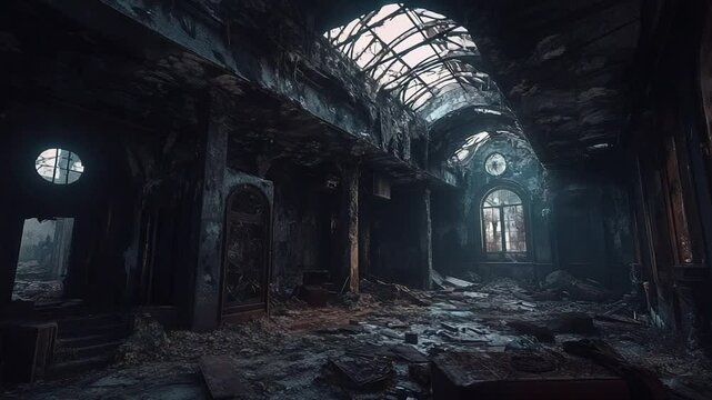 Abandoned interior of a dilapidated building with eerie lighting