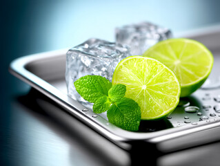 Crushed ice, lime and mint on a stylish metal tray, bar setting. Sliced lime and fresh mint leaves accompanied by ice cubes on a metal tray in a kitchen setting