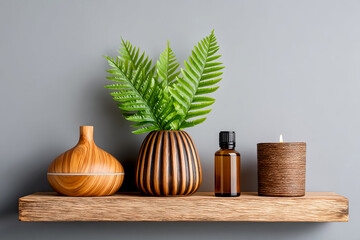 Aromatherapy set up with diffuser, essential oil, and a textured candle on wooden shelf in a modern space. Beautiful arrangement of decorative items on a shelf