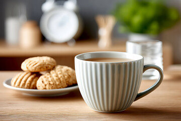 A steaming cup of coffee sits next to a plate of freshly baked cookies on a wooden table. Soft natural light fills the kitchen, creating a warm and inviting atmosphere.