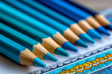 Adult coloring book close up. Collection of teal and blue colored pencils arranged on a sketchbook in a creative workspace. Row of teal and blue colored pencils on a sketchbook, artistic expression