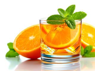 Refreshing orange drink garnished with mint leaves on a sunny afternoon. glass of orange beverage sits on a table with fresh orange slices and mint leaves, refreshing summer drink on a bright day.