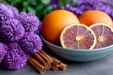 Cocktail garnish collection. Bright oranges and dried orange slices sit in a blue bowl alongside vibrant purple flowers and cinnamon sticks, creating colorful and aromatic display in natural lighting