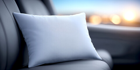 Comfortable white pillow resting on a sleek car seat during a sunny drive. A soft white pillow on the leather seat of a car, illuminated by warm sunlight, suggesting a cozy travel experience.
