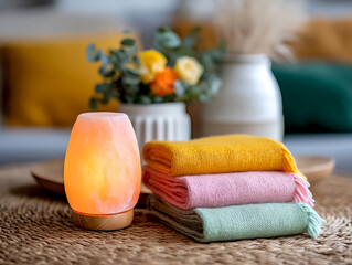 Cozy living room setup with warm Himalayan salt lamp and colorful knitted blankets at home n a cozy living room filled with decorative plants and pillows, creating an inviting atmosphere