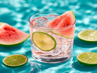 Refreshing summer drink with watermelon and lime enjoyed by the poolside on a sunny day. clear glass filled with ice and a mixture of watermelon and lime garnishes sits beside vibrant lime slices