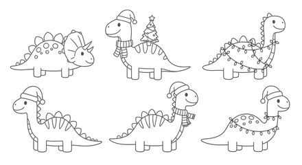 Cute Christmas Dinosaur Illustrations in Black and White Outlines © progoz