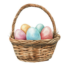 Watercolor painting of an easter basket with pastel-colored eggs, isolated on a white background