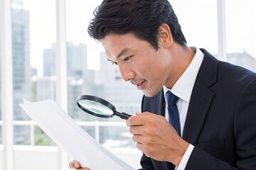 businessman looking through magnifying glass