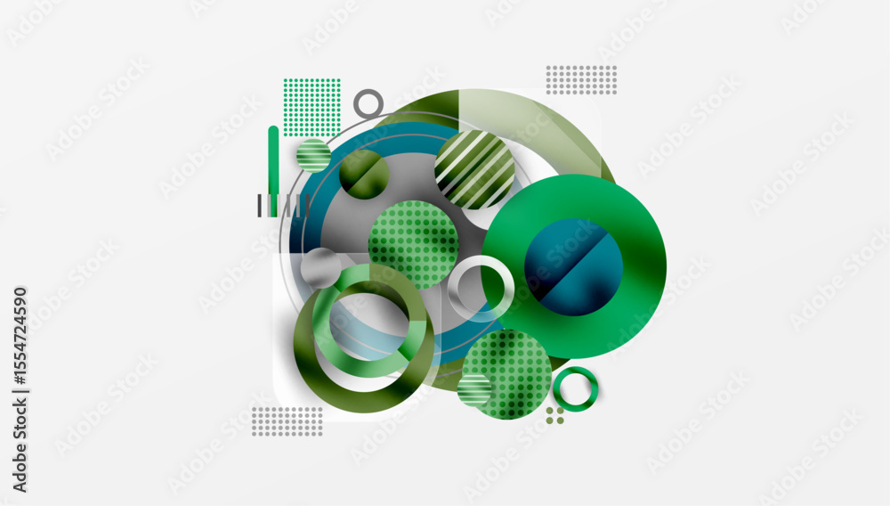 Aufkleber abstract design features overlapping circles, squares, lines. green hues dominate composition, creat