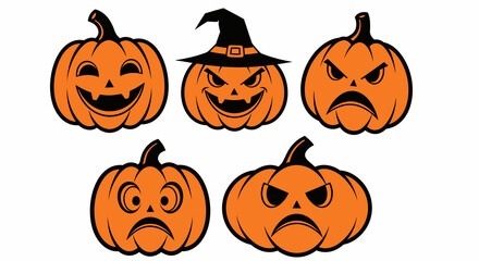 Five Halloween Pumpkin Faces with Diverse Expressions