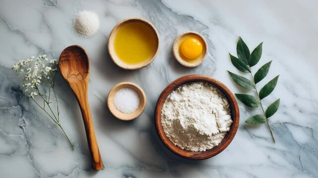 Ingredients for homemade flatbread spreading across marble surface, featuring flour, olive oil, egg yolk, salt, yeast, curry leaves. visually appealing scene for baking enthusiasts