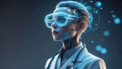 Futuristic humanoid robot doctor wearing advanced augmented reality glasses with glowing blue interface