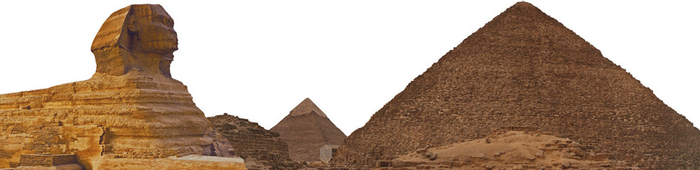 Sphinx against the backdrop of the great Egyptian pyramids. Africa, Giza Plateau.