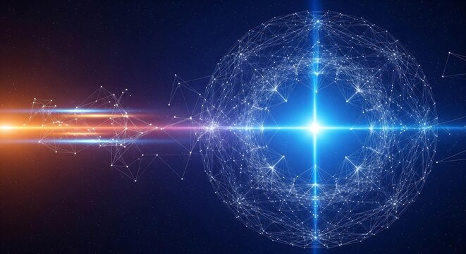 Abstract global network: futuristic digital sphere, bright energy, cosmic background