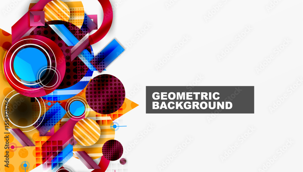 Poster Vibrant geometric shapes overlap, creating dynamic colorful background. Circles, squares, lines form abstract composition. Modern design element.