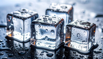 Closeup of Four Ice Cubes with Water Droplets