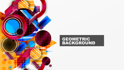 Obraz premium Vibrant geometric shapes overlap, creating dynamic colorful background. Circles, squares, lines form abstract composition. Modern design element.