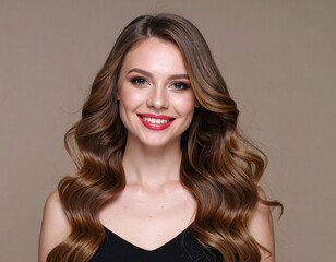 Fototapeta premium Portrait of a Smiling Woman with Luscious Brown Wavy Hair and Red Lips