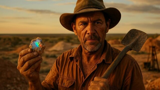 A rugged miner examines a glowing gemstone at sunset, holding a shovel. The video captures a close-up angle, highlighting his weathered features.