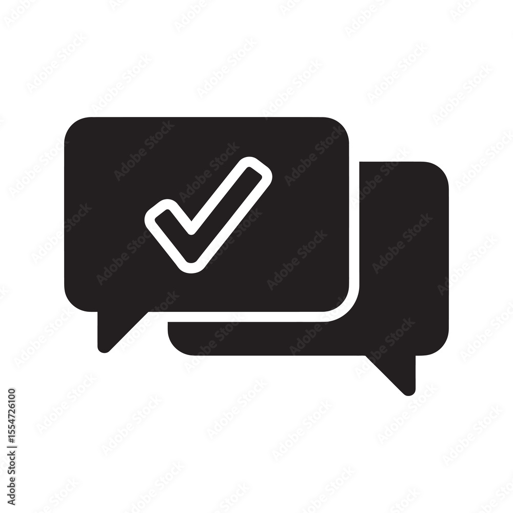 Poster message confirmation icon with a check mark inside a speech bubble for chat validation successful co