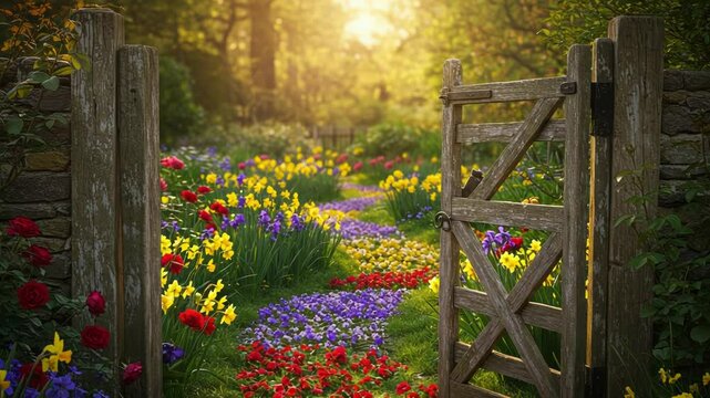 Enchanted garden path with a rustic gate and vibrant spring flowers