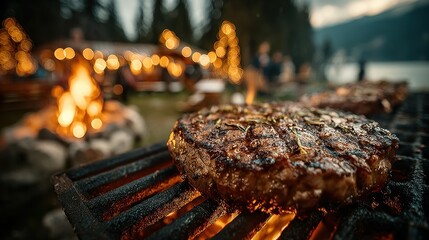 Grilled steaks over campfire. Outdoor dining