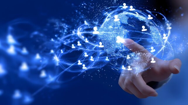 A person s hand gesturing towards a holographic digital globe interface representing a global network of connected information and technology