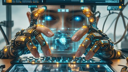 Futuristic cyborg with glowing blue eyes and robotic hands interacting with a holographic interface in a high-tech environment