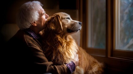 An elderly man sits by the window tenderly embracing his loyal golden retriever companion capturing a heartwarming moment of companionship and affection