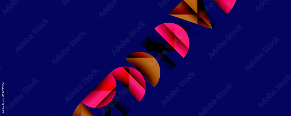 Poster Abstract design features overlapping colorful shapes forming text against dark blue background. Gradient hues create dynamic visual effect.
