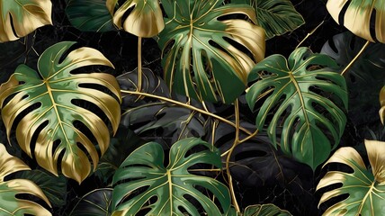 Obraz premium Elegant Tropical Monstera Design with Golden Accents on Black Marble