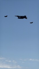 RAF airplanes in formation flight.  A400m and F35s