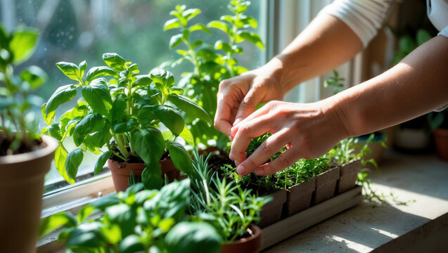 Hands tending to fresh herbs in pots on a sunny windowsill, showcasing indoor gardening and sustainable living