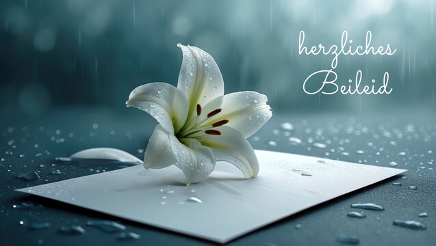 White lily on envelope with text "herzliches Beileid" meaning "sincere condolences" in German, raindrops and blurred background