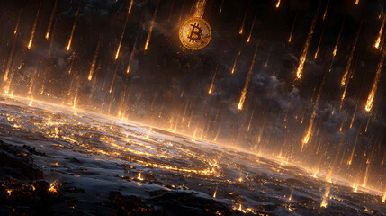 Bitcoin falling from sky like meteors towards earth with city lights visible from space view