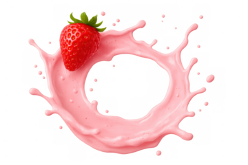 Pink yogurt swirling dynamically, splashing circular waves beside ripe strawberry against clean transparent surface