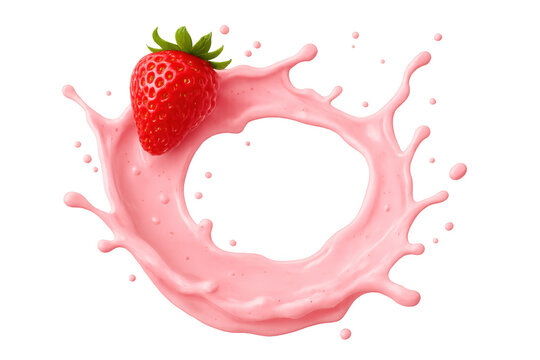 Pink yogurt swirling dynamically, splashing circular waves beside ripe strawberry against clean transparent surface