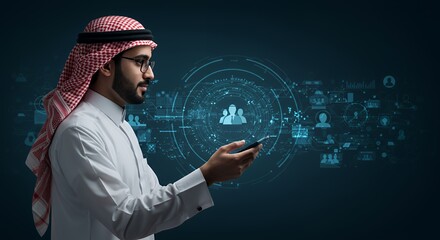 Arab businessman uses futuristic technology to manage his team, showcasing innovative business practices.