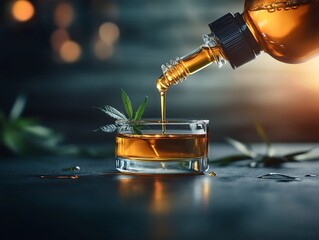 Golden oil poured into glass, cannabis leaves