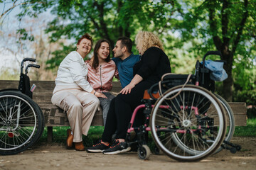 People enjoy a sunny day together at the park, sitting on a wooden bench, representing inclusivity,...