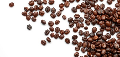 Obraz premium Numerous dark roasted coffee beans scattered on pristine white background, roasted, texture
