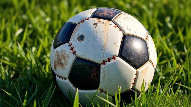 A close-up of a worn soccer ball resting on green grass. The ball has black and white panels with visible dirt and scuff marks.