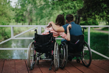 A couple sitting in wheelchairs shares an intimate moment on a bridge, embracing each other amidst...