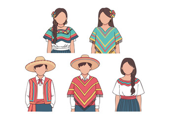 Handdrawn Flat Illustration of Diverse People in Traditional Mexican Clothing