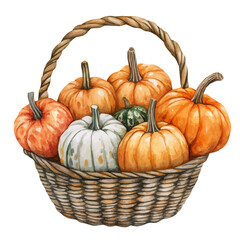 Harvest Basket Full Pumpkins, watercolor clipart vector, isolated on a white background.